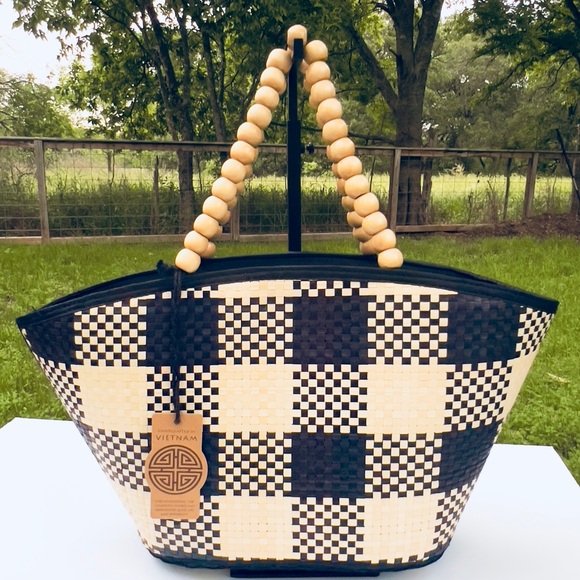 🆕New Woven Straw Bag with Beaded Handles - Picture 2 of 7